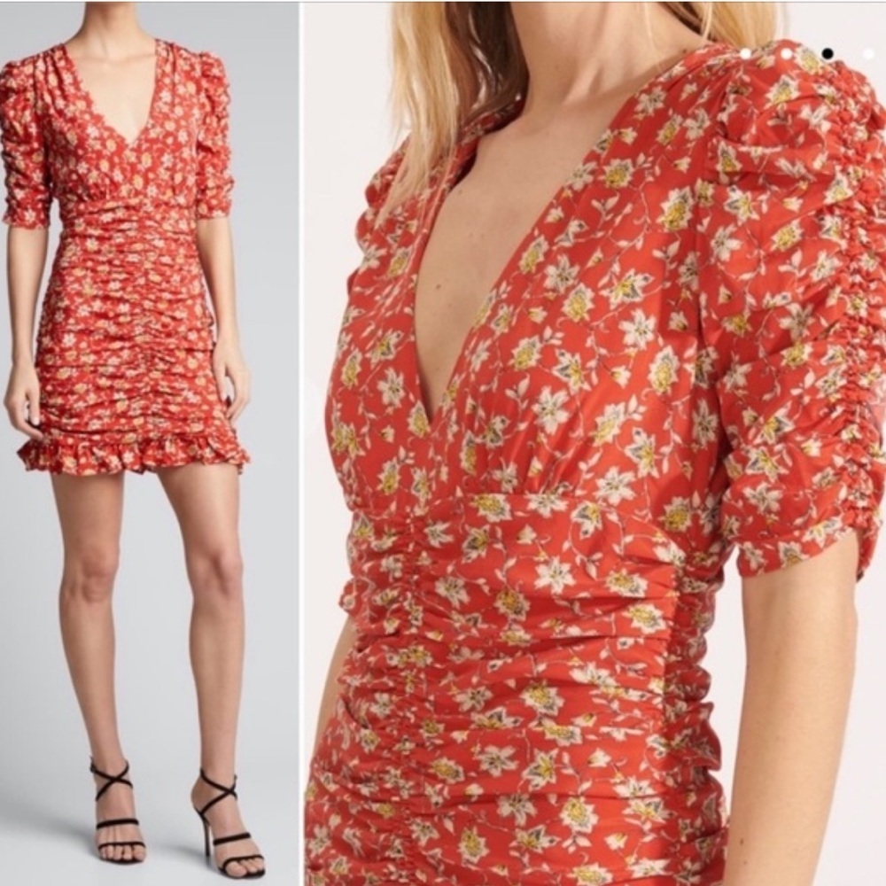 Veronica Beard Mary V-Neck Ruched Silk Floral Red Midi Dress size 8 - Picture 3 of 8